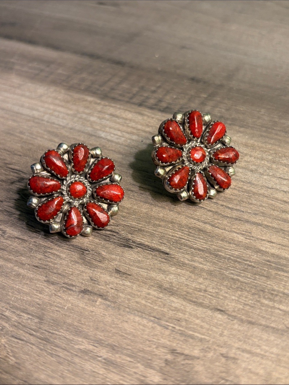 Red Flower Cluster Sterling Silver Stud Earrings